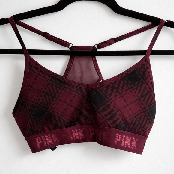 PINK Victoria's Secret Burgundy and Black Plaid Sports Bra - Picture 2 of 6